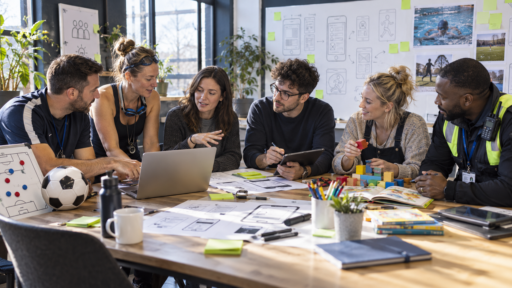 A football coach, swimming coach, childminder and security guard working with digital designers around one table